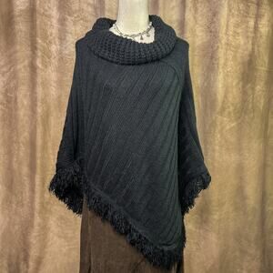 Vintage Y2K Fringe Poncho Shawl Sweater Black Turtleneck Knit Diagonal Hem Euro